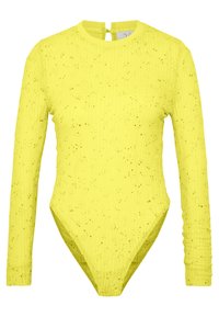 Långärmad bodysuit i lysande gult med ribbad struktur, prydd med paljetter, har hög krage och nyckelhål i ryggen.