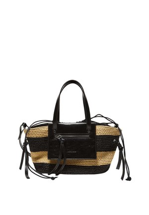 Gestreifte, schwarz-braun gewebte Handtasche mit schwarzen Ledergriffen, vorderer Reißverschlusstasche und Seitendetails mit Kordelzug.