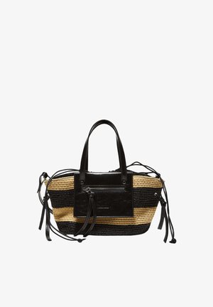 Pasek torebki na ramię w czarne i brązowe pasy, z czarnymi skórzanymi uchwytami, przednią kieszenią na zamek błyskawiczny i sznurkowymi detalami po bokach.