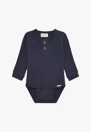 Marineblauer, gerippter Langarm-Body mit zwei Holzknöpfen am Hals, Druckknopfverschluss am unteren Rand und weicher Stoffstruktur.