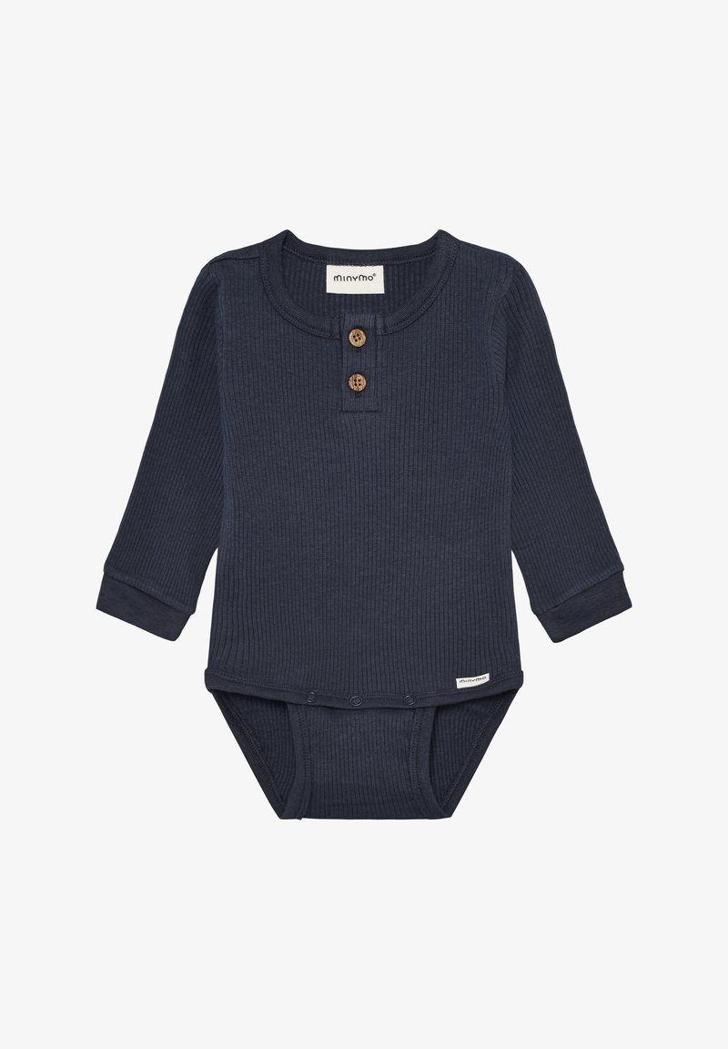 Body bleu marine à manches longues côtelées avec deux boutons en bois au col, fermeture à pression en bas et texture de tissu douce.