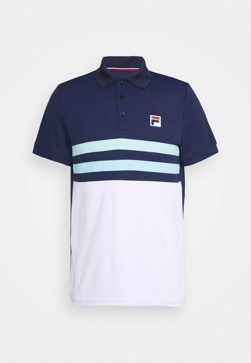 Polo bleu marine avec une section inférieure blanche et deux bandes bleu clair traversant la poitrine. Comprend un col et un petit logo sur la gauche.