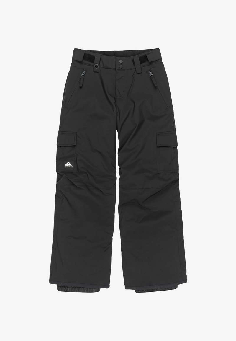 Černé lyžařské kalhoty vyrobené z voděodolného materiálu, s několika kapsami, nastavitelným pasem a elastickými manžetami na kotnících.