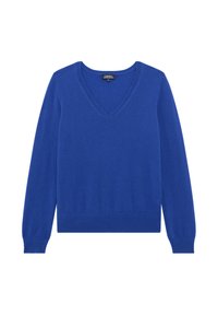 Maglione a V in blu brillante. Realizzato in morbido materiale lavorato a maglia con maniche lunghe. Presenta un orlo e polsini a coste per un look aderente.