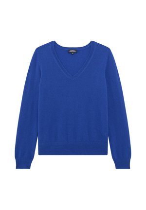 Maglione a V in blu brillante. Realizzato in morbido materiale lavorato a maglia con maniche lunghe. Presenta un orlo e polsini a coste per un look aderente.