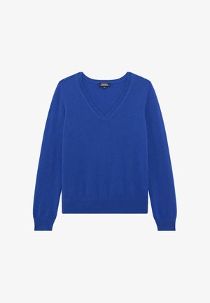 Maglione a V in blu brillante. Realizzato in morbido materiale lavorato a maglia con maniche lunghe. Presenta un orlo e polsini a coste per un look aderente.