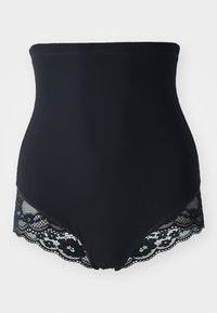 Hochtailliertes schwarzes Shapewear mit glatter Textur und filigranen schwarzen Spitzenverzierungen an den Beinen, die eine enge Passform und einen eleganten Look bieten.