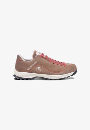 Brown suede hiking shoe with red laces, white accents, and a rugged black sole. Features logo on side and distinct stitching details.