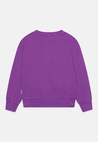 Fialová mikina, kulatý výstřih, dlouhé rukávy, žebrované manžety a lem, měkká textura, hladký zadní díl s malou značkovou etikettou blízko lemu.