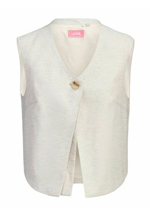 Chaleco sin mangas color beige claro con cuello en V, cierre con un solo botón redondo grande y textura sutil con motas.