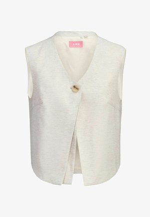 Chaleco sin mangas color beige claro con cuello en V, cierre con un solo botón redondo grande y textura sutil con motas.