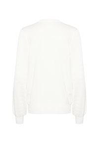 Vit tröja med långa ärmar som har texturerade stickade detaljer, ribbade muddar och midja samt rund halsringning.