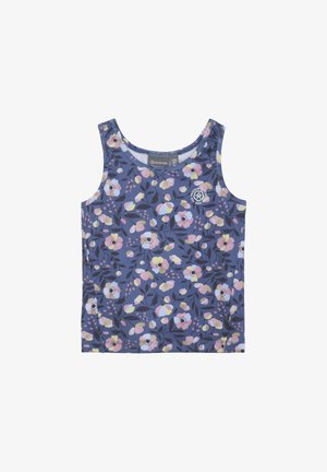 Camiseta sin mangas con un patrón floral en azul oscuro, con flores rosas, amarillas y blancas. Fabricada con una tela suave. Con tirantes anchos.