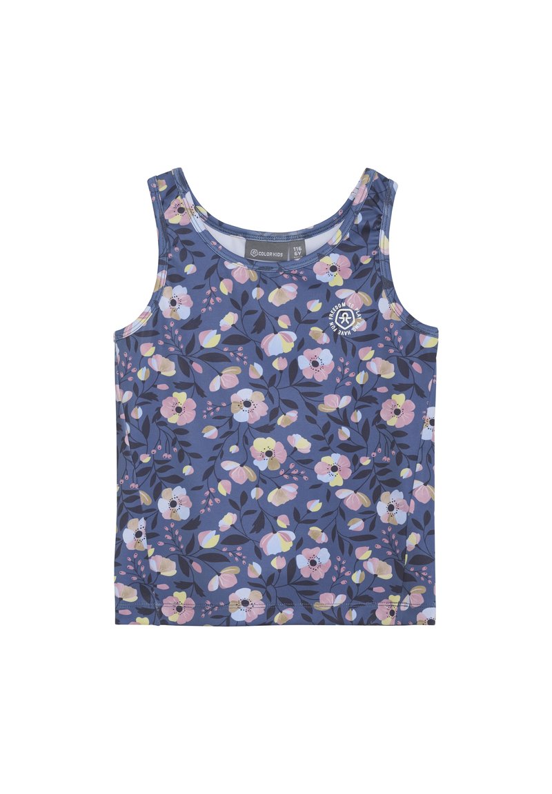 Linspelare med ett mörkblått blommönster med rosa, gula och vita blommor. Tillverkad av slätt tyg. Breda axelband.