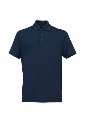 Marineblå polo med korte ærmer, to-knaps krave og en lille logoaccent på venstre bryst. Fremstillet af glat stof.