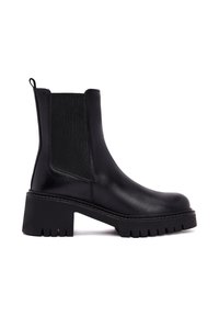 Bottines Chelsea noires avec des panneaux latéraux élastiques texturés, bout arrondi, talon massif et semelle plateforme avec des détails striés.