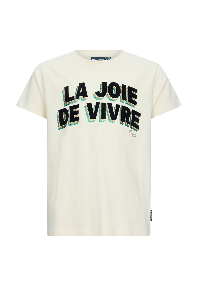 Cremfarbendes T-Shirt mit kurzen Ärmeln aus Baumwolle, das den Text "LA JOIE DE VIVRE" in fettem Schwarz und strukturiertem Grün auf der Vorderseite zeigt.
