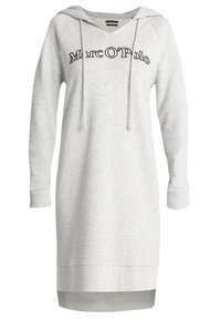 Helle graue Kapuzenkleid aus weichem Stoff, mit Raglanärmel, einem Logo-Print auf der Vorderseite und einem leicht längeren Rückenteil.