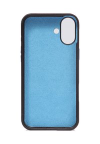 Funda de teléfono azul con textura suave y mate y borde negro, con recortes para la cámara y los botones en el lateral.