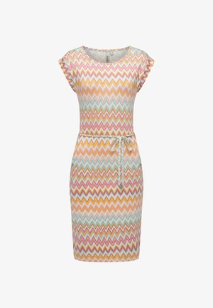 Sovitettu mekko lyhyillä hihoilla, jossa on pastelliväreistä koostuva sahalaitakuosi: vaaleanpunainen, keltainen, vaaleansininen ja kerma; sisältää solmittavan vyötärön.