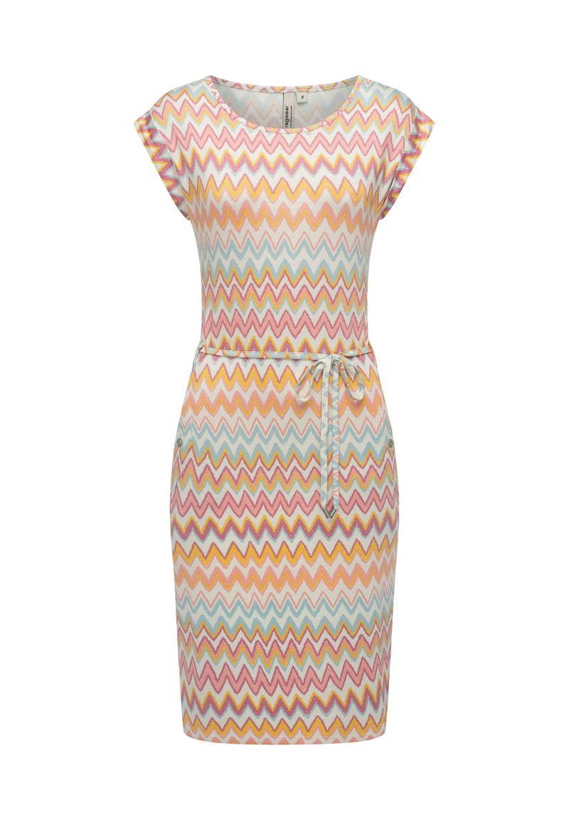 Dopasowana sukienka z krótkim rękawem, z wzorem w zygzaka w pastelowych kolorach: różowym, żółtym, jasnoniebieskim i kremowym; zawiera pasek do wiązania w talii.
