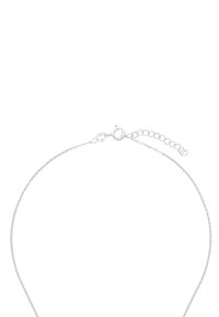 Silverfärgad kedjehalsband med en fin, delikat design; har en krabbklämma och en justerbar längd med ytterligare länkar.