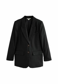 Black blazer made from textured fabric, featuring two front pockets, two brown buttons, and a notched lapel design.