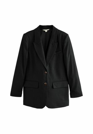 Blazer noir en tissu texturé, présentant deux poches avant, deux boutons marron et un design à revers.