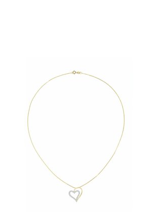 Guldkæde med en hjerteformet vedhæng med en sølvhjerteomkransning udsmykket med glitrende detaljer.