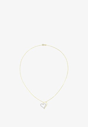 Guldkæde med en hjerteformet vedhæng med en sølvhjerteomkransning udsmykket med glitrende detaljer.