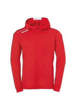 Rote Kapuzenjacke mit durchgehendem Reißverschluss, langen Ärmeln und weißem "Kempa"-Logo auf der rechten Schulter.