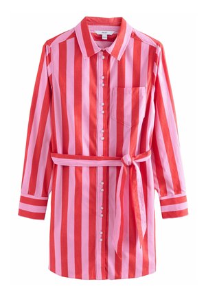 Striped shirt in pink and red tones, featuring a button-up front, long sleeves, a chest pocket, and a tied waist belt. Cotton fabric.
