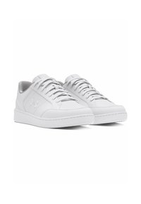 White sneakers made of smooth leather with round toe, flat rubber soles, and lace-up front. Features a subtle logo on the side.