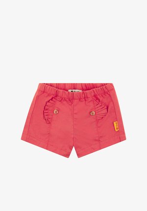 Korallenfarbene Kleinkind-Shorts mit elastischem Bund, vorderen Knopfdetails, plissierten Akzenten an den Taschen und einem kleinen gelben Markenzeichen an der Seite.
