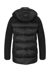 Black padded jacket with a hood, featuring a smooth shiny texture, horizontal quilted design, and elastic cuffs.
