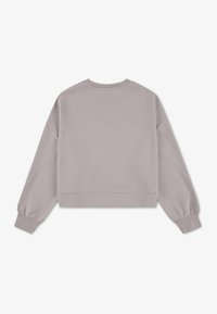 Ανοιχτό γκρι κοντό φούτερ με μακριά μανίκια, στρογγυλή λαιμόκοψη και ριμπ μανσέτες. Λείο υφή, μινιμαλιστικός σχεδιασμός, χωρίς ορατά σχέδια ή διακοσμητικά στοιχεία.