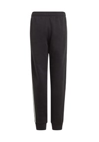 Pantalones de chándal negros de mezcla de algodón, con cintura elástica, piernas ajustadas y franjas laterales blancas para contraste.