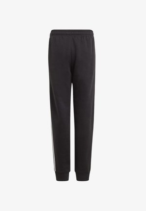 Pantalones de chándal negros de mezcla de algodón, con cintura elástica, piernas ajustadas y franjas laterales blancas para contraste.