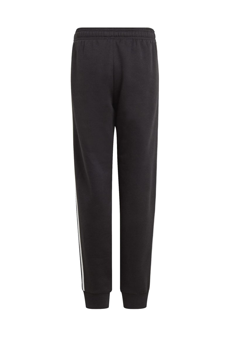 Pantalones de chándal negros de mezcla de algodón, con cintura elástica, piernas ajustadas y franjas laterales blancas para contraste.