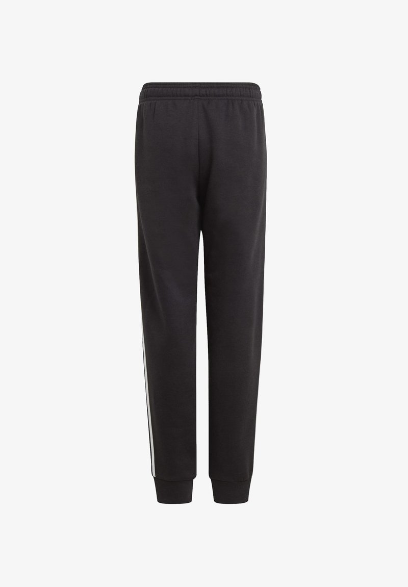 Pantaloni tuta neri realizzati in misto cotone, con una vita elasticizzata, gambe affusolate e strisce bianche laterali per il contrasto.