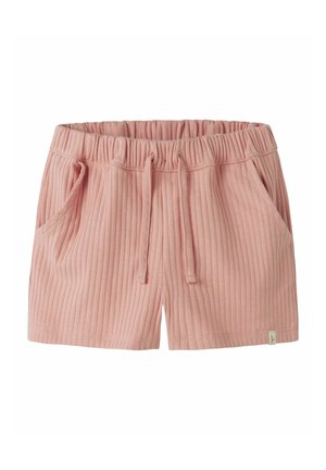 Pantalones cortos de punto acanalado en rosa con cinturilla elástica, cordón, bolsillos laterales y una pequeña etiqueta de tela en el dobladillo.