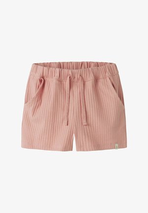 Short rose en maille côtelée avec taille élastique, cordon, poches latérales et petite étiquette en tissu sur l'ourlet.