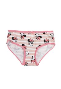 Katoenen ondergoed met roze en witte horizontale strepen, versierd met prints van cartoonfiguren en een roze strikaccent.