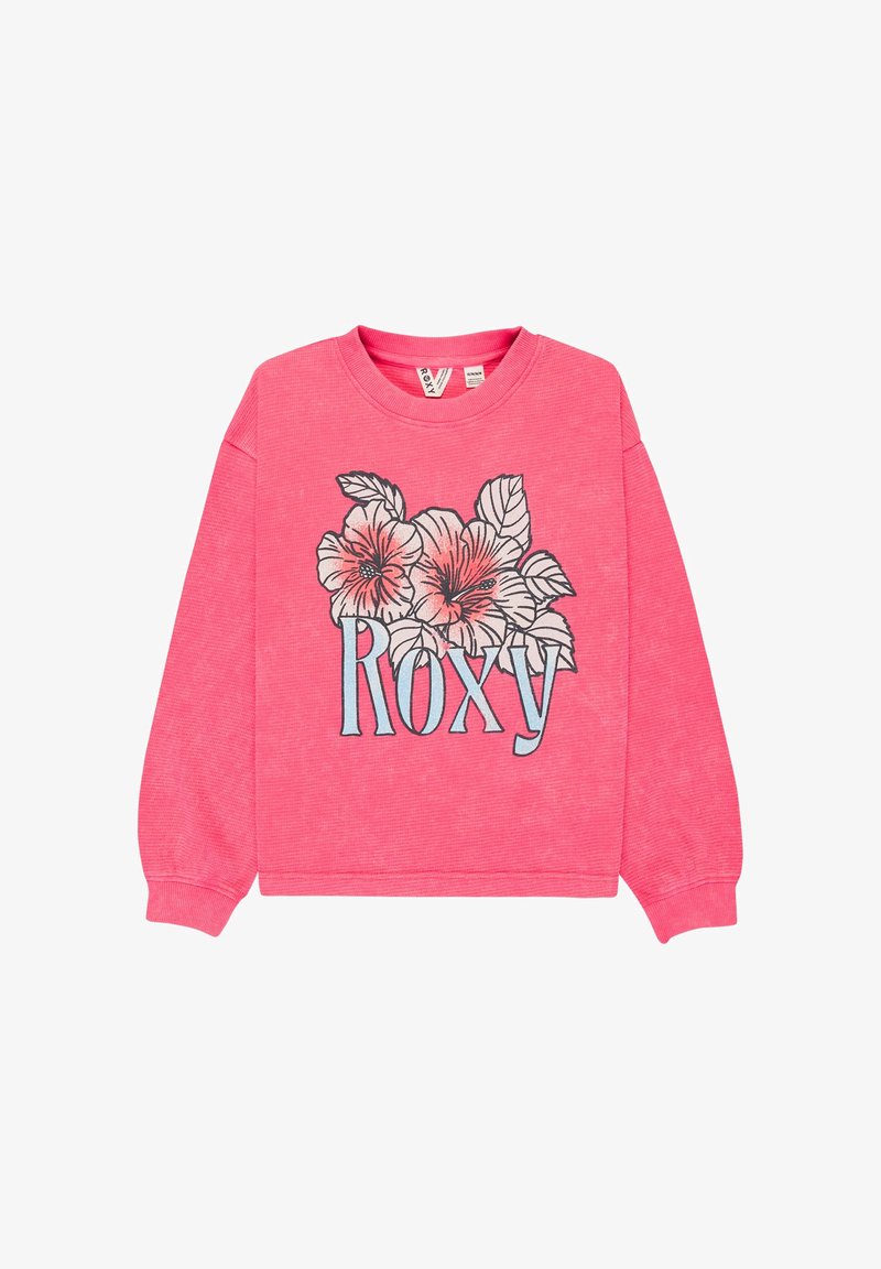 Suéter de manga larga color rosa brillante con puños acanalados, con un gran diseño floral y el texto "Roxy" en azul claro en el frente.