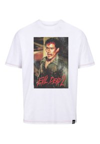 Bílý bavlněný tričko s grafikou postavy z "Evil Dead 2", s červeným písmem a opotřebovaným tiskem.