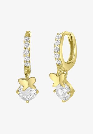 Oorbellen in gouden tint met ronde heldere kristallen en vlindervormige bedeltjes, met een gepolijste afwerking en een delicaat schakelontwerp.