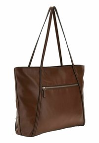 Borsa a tracolla in pelle marrone con due manici, una finitura texturizzata e una tasca esterna con zip. I bordi sono rinforzati con una cimosa nera.