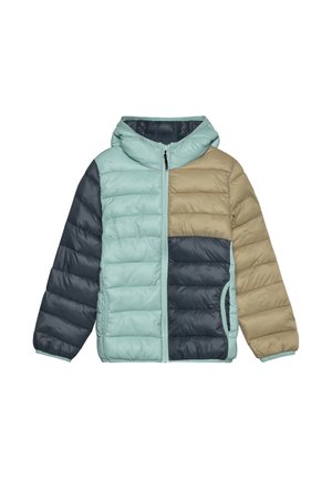Gewatteerde jas met capuchon, uitgevoerd in een kleurblokdesign van groenblauw, marineblauw en beige, met ritssluiting aan de voorkant en zijzakken.