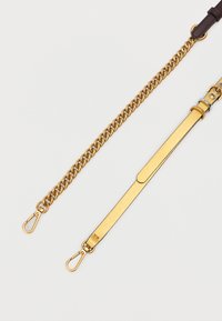 Χρυσή αλυσίδα και μεταλλική χρυσή ρυθμιζόμενη δερμάτινη λωρίδα με κλιπ σε λευκό φόντο.