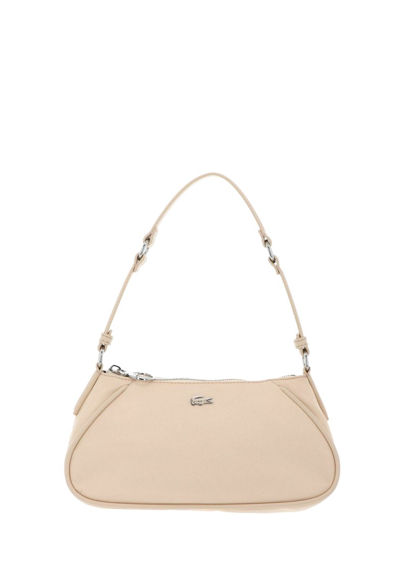 Beige leather shoulder bag with silver zipper and small silver crocodile logo at center front, featuring adjustable strap with metal accents.
